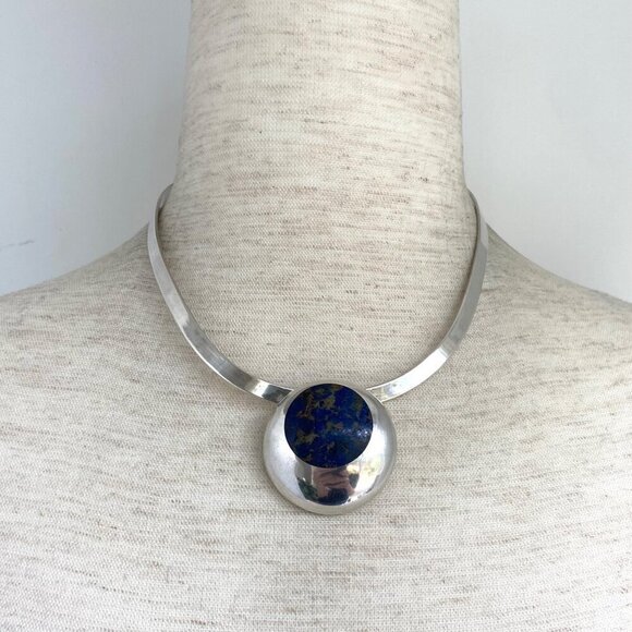 VTG Sterling Silver 950 Mexico Chunky Round Lapis Lazuli Inlay Pendant Brooch - Picture 5 of 16
